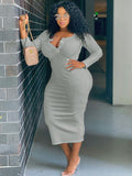 Plus Size V Neck Long Sleeve Bodycon Midi Dresses Loveclb