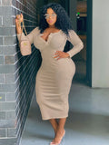 Plus Size V Neck Long Sleeve Bodycon Midi Dresses Loveclb