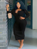 Plus Size V Neck Long Sleeve Bodycon Midi Dresses Loveclb