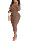 Plus Size V Neck Long Sleeve Bodycon Midi Dresses Loveclb