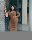 Plus Size V Neck Long Sleeve Bodycon Midi Dresses Loveclb