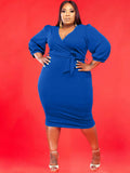 Plus Size V Neck Long Sleeve Midi Dresses Loveclb