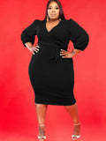 Plus Size V Neck Long Sleeve Midi Dresses Loveclb