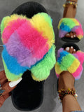 Rainbow Striped Plush Slippers Loveclb