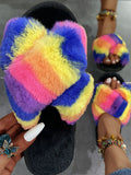 Rainbow Striped Plush Slippers Loveclb