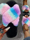 Rainbow Striped Plush Slippers Loveclb