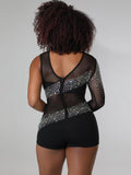 Rhinestone Mesh Patchwork Zip Up Short Jumpsuits Loveclb