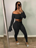 Ribbed Bell Long Sleeve Crop Tops ï¼?Pants Sets