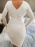 Ribbed Knit V Neck Long Sleeve Midi Dresses Loveclb