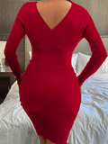 Ribbed Knit V Neck Long Sleeve Midi Dresses Loveclb