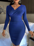 Ribbed Knit V Neck Long Sleeve Midi Dresses Loveclb