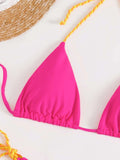 Neon Pink Halter Thong String Tie Side Triangle Bikini