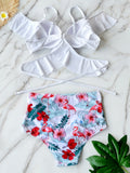 Floral Dreams Sexy White Ruffled High Waist Bikini