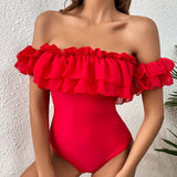 Red Romance Sexy One Piece Ruffle Swimsuit and Beach Cover Up Skirt