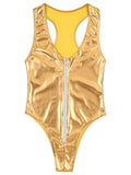 Sexy Zip Up Shiny Metallic Swimsuit Gold Silver