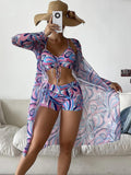 Three Piece Set High Waist Swim Shorts Bikini And Cover Up