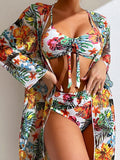 Floral Print Modest Knot Front Bikini Including Cover Up Shirt