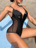 Slimming Design Bling Mesh Plunge Swimsuit