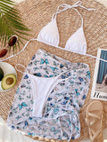 Premium Halter Butterfly Printed Bikini Set With Beach Cover Up Skirt