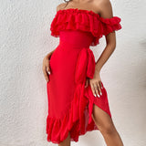 Red Romance Sexy One Piece Ruffle Swimsuit and Beach Cover Up Skirt