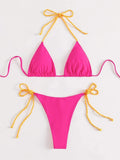 Neon Pink Halter Thong String Tie Side Triangle Bikini