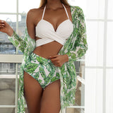 Modest 3 PCS White Floral Swimsuit Push up High Waist Swimwear Cover Up Set