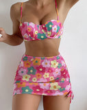 Preppy Pink Flowers Push Up Bikini With Cover Up Skirt