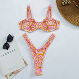 Cute Floral High Cut Push Up Brazilian Thong Bikini