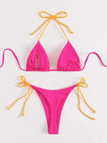 Neon Pink Halter Thong String Tie Side Triangle Bikini