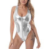 Sexy Zip Up Shiny Metallic Swimsuit Gold Silver