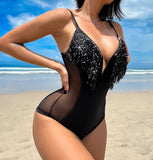 Slimming Design Bling Mesh Plunge Swimsuit