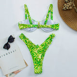 Cute Floral High Cut Push Up Brazilian Thong Bikini