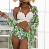 Modest 3 PCS White Floral Swimsuit Push up High Waist Swimwear Cover Up Set