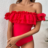 Red Romance Sexy One Piece Ruffle Swimsuit and Beach Cover Up Skirt