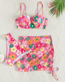 Preppy Pink Flowers Push Up Bikini With Cover Up Skirt