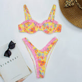 Cute Floral High Cut Push Up Brazilian Thong Bikini