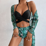 Modest 3 PCS White Floral Swimsuit Push up High Waist Swimwear Cover Up Set