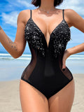 Slimming Design Bling Mesh Plunge Swimsuit