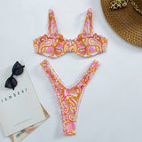 Cute Floral High Cut Push Up Brazilian Thong Bikini