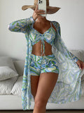 Three Piece Set High Waist Swim Shorts Bikini And Cover Up