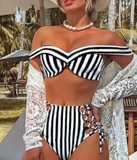 Summertime Sensation Striped High Waisted Cut Out Lace Up Tie Side Bikini