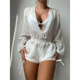 Vacation Time Deep V Neck Long Sleeve Beach Cover Up Romper