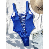 Blue Sexy Glitter Sparkling Lace Up One Piece Swimsuit