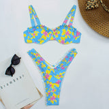 Cute Floral High Cut Push Up Brazilian Thong Bikini