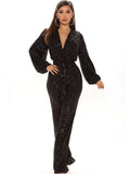 Sequin Long Sleeve V Neck Sparkly Jumpsuits Loveclb