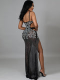 Sequin Mesh Spaghetti Strap Cut Out Split Maxi Dress Loveclb