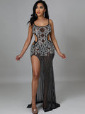 Sequin Mesh Spaghetti Strap Cut Out Split Maxi Dress Loveclb