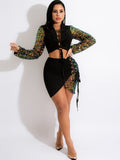Sequin Patchwork Long Sleeve Crop Top & Mini Skirts Loveclb