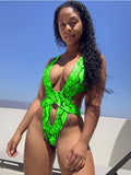 Neon Snake Bandage Cut Out Thong Swimsuit