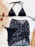 Premium Halter Butterfly Printed Bikini Set With Beach Cover Up Skirt